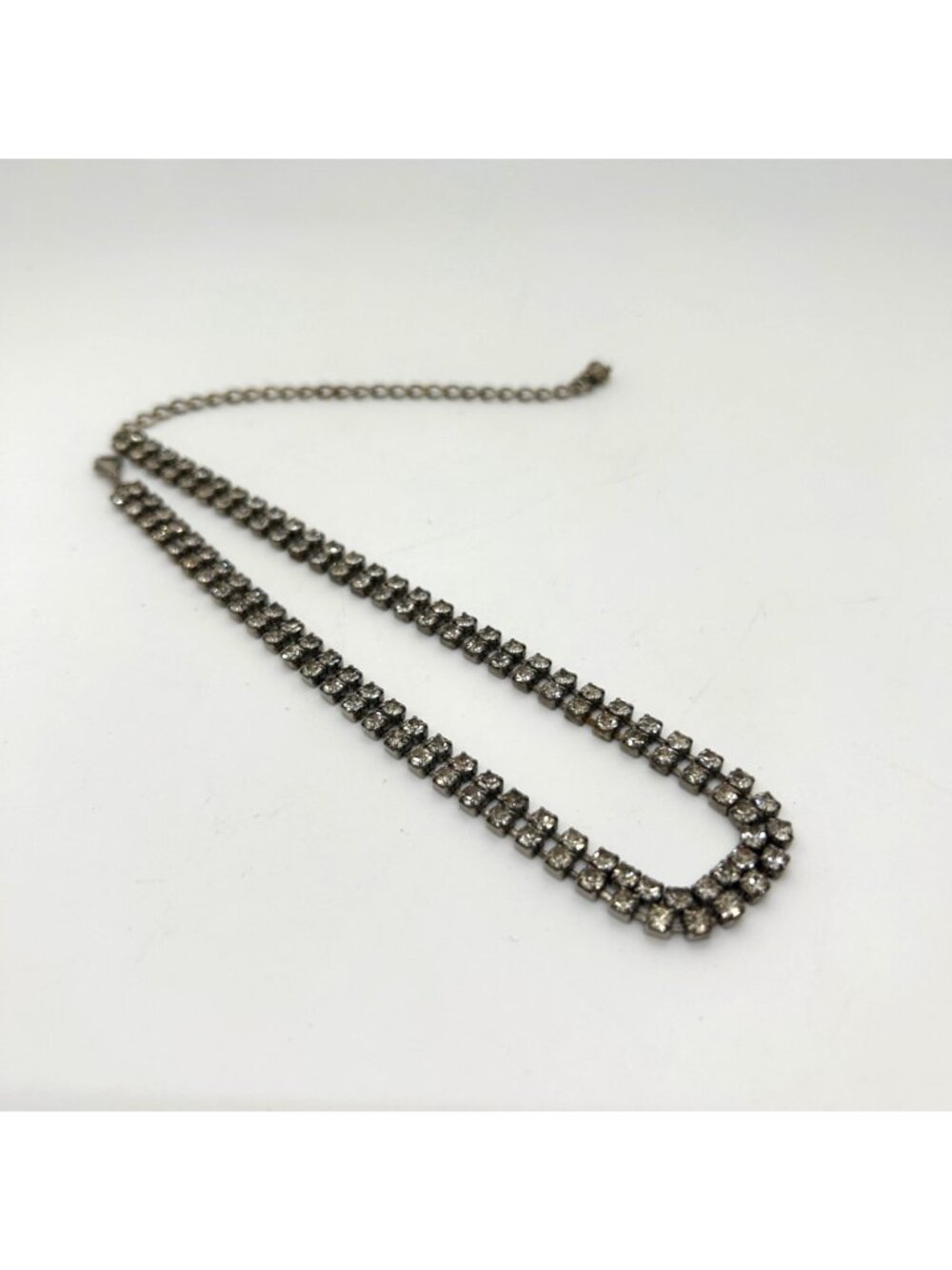Vintage Double Strand Rhinestone Choker Necklace Silver Tone Crystal Bridal Prom - Picture 2 of 15